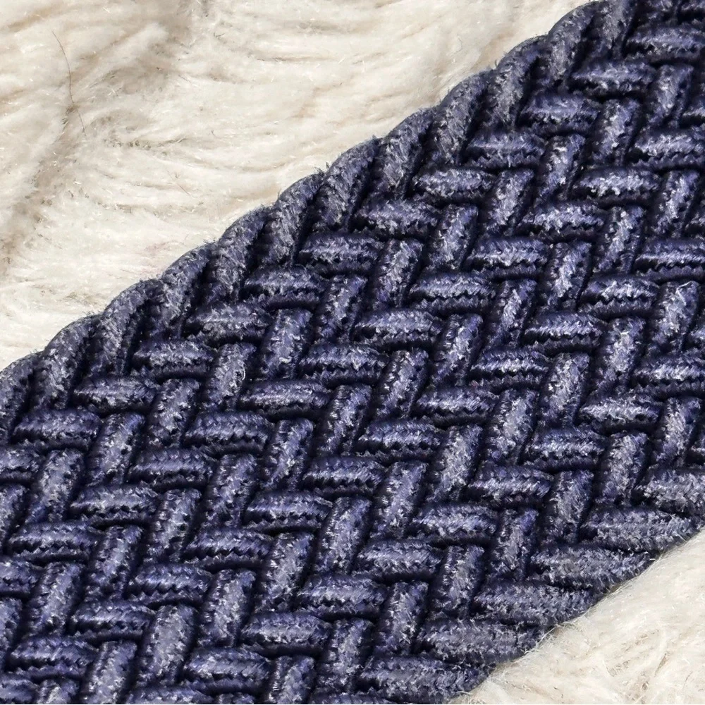 DOCKERS! COMFORT STRETCH WOVEN NAVY AND BROWN LEATHER TRIM BELT, ADJUSTABLE